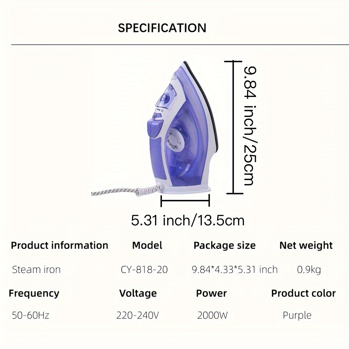 2000W Steam Iron for Clothes featuring Non-Stick Soleplate and Adjustable Thermostat Control. Equipped with Overheat Safety Protection, Variable Steam Control, and a 2.2m power cord.