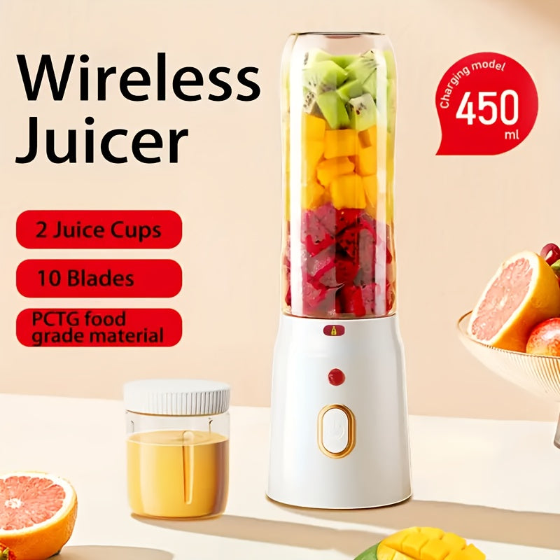 Compact and wireless blender, with a capacity of 450ml and 10-blade powerful mixer. USB rechargeable with a 1500mAh lithium battery, this round plastic juice cup set is perfect for making smoothies, shakes, and crushing ice. Ideal for use at home, dorm