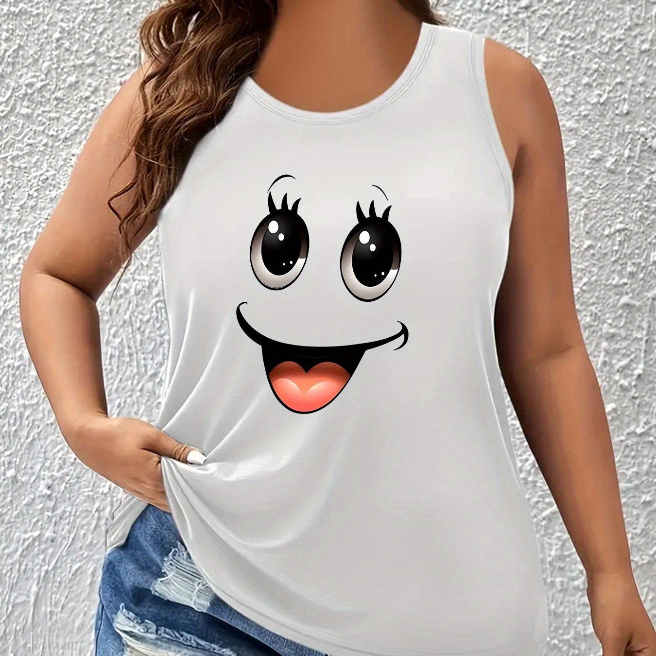 Plus size women's maroon tank top with joyful face print, sleeveless round neck design made from stretchy polyester blend. Machine washable.