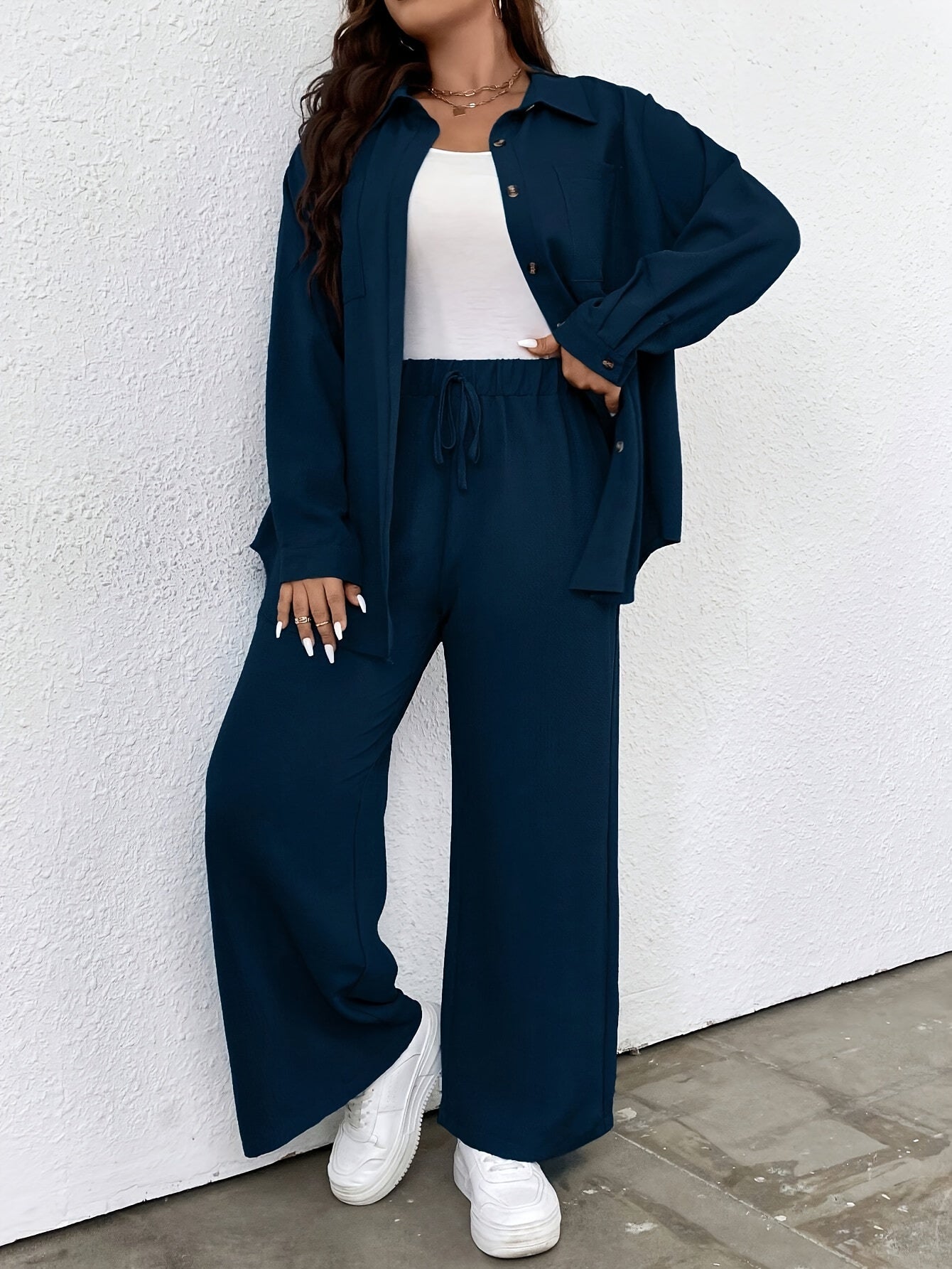 Plus Size Solid Color Pants Set with Shirt and Tie Waist Pants, Women's Casual Outfit