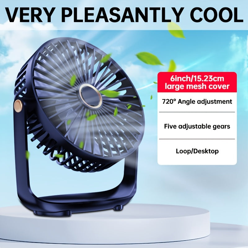 Mini desktop fan with night light, USB rechargeable and 5-speed settings. Perfect for home, office, bedroom, dorm, and more. Great for indoor and outdoor use. Makes a practical gift for summer, school, birthdays, Christmas, fishing, camping, and travel.