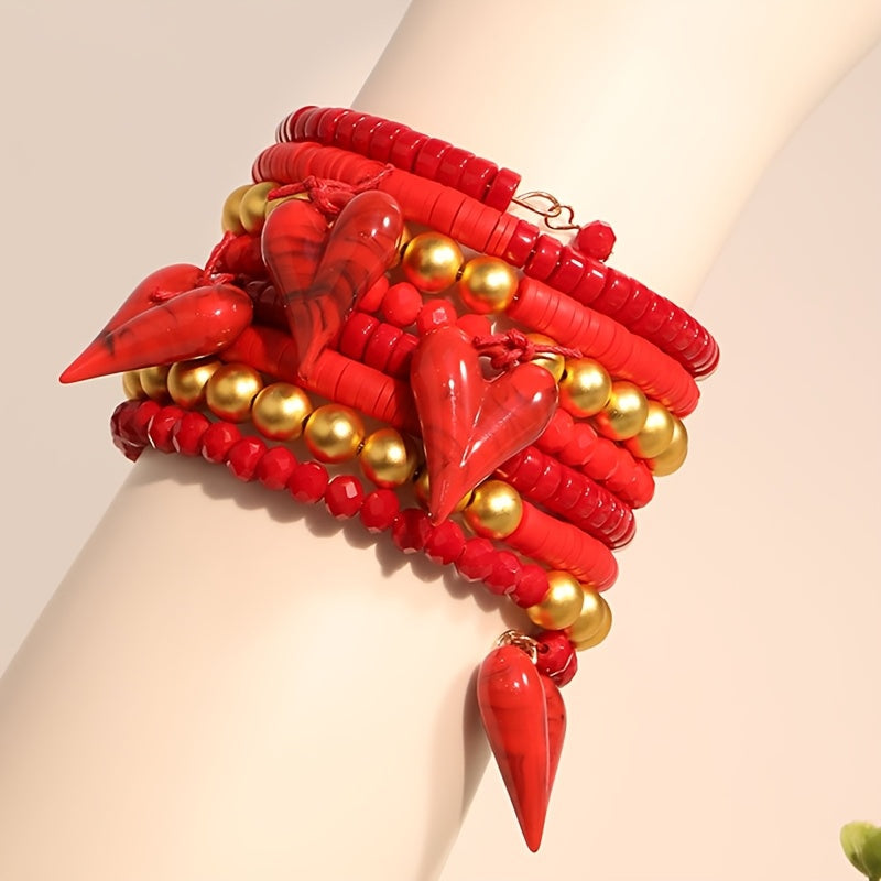 An exquisite handmade beaded heart pendant bracelet in rich red hues, boasting a Bohemian flair - the ultimate accessory for women looking to elevate their Valentine's Day ensemble with a touch of boho charm. Versatile enough for both casual and special