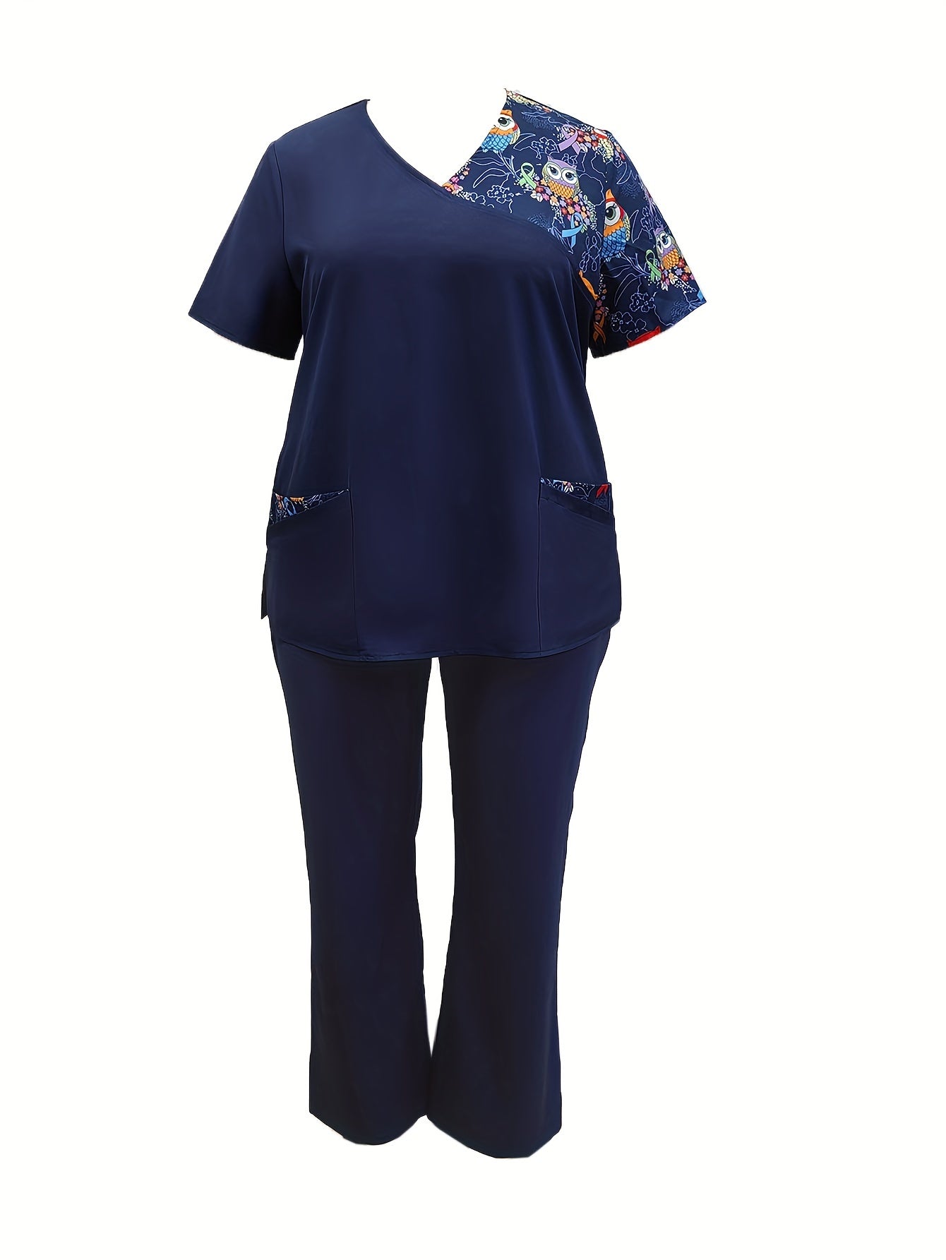 Woodpecker Print Patchwork Nurse Uniform Set for Plus Size Women