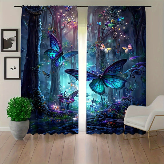 Two pieces of enchanting blue butterfly forest curtains made of durable polyester. Featuring a digital print with vibrant colors, rod pocket design for easy hanging, fade-resistant material, these curtains are ideal for living room decor.