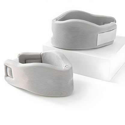 Portable neck brace with memory foam support and adjustable transparent straps designed to correct forward head posture.