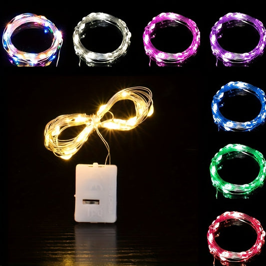 Battery operated LED string lights in a 10-pack, available in lengths of 99.06cm, 198.12cm, and 299.72cm with 10, 20, or 30 LEDs. Perfect for indoor decoration such as BOBO balloons, parties, weddings, and Christmas, these lights create a warm and