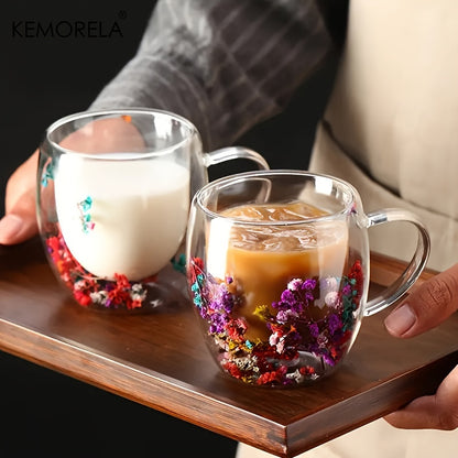 Set of 1/2/4/6, 11.8oz creative double-layer glass mug with real flower filling and handle, 350ml capacity. Made with high borosilicate glass.