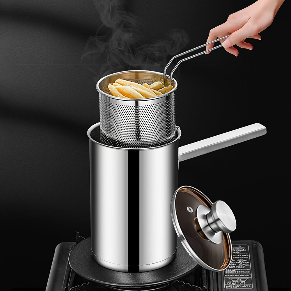 One piece of durable 304 stainless steel cookware, this deep fryer pot comes with a strainer basket and lid, making it perfect for cooking chicken and other fried foods on a gas stovetop. Its foldable handle adds convenience and easy storage.