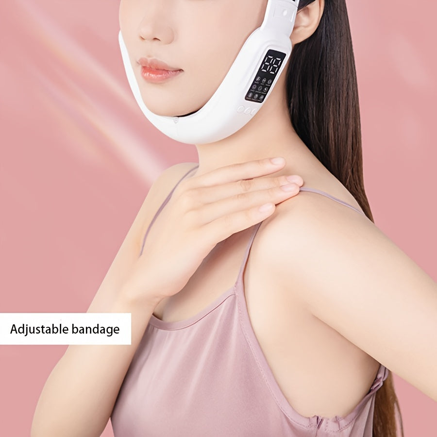 Electric V-Face Beauty Device with adjustable intensity levels, LCD display, and USB rechargeable 400mAh lithium battery for facial skin care and massage.