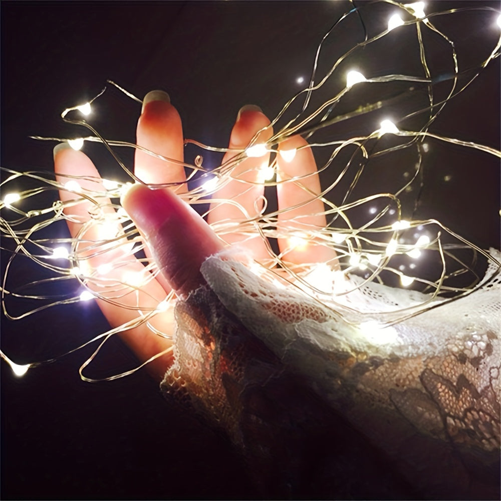 Battery-powered 20/50/100 LED warm white fairy lights on copper wire with blinking effect, ideal for home decor and special occasions like weddings, Christmas, and Valentine's Day - no plug, switch control.