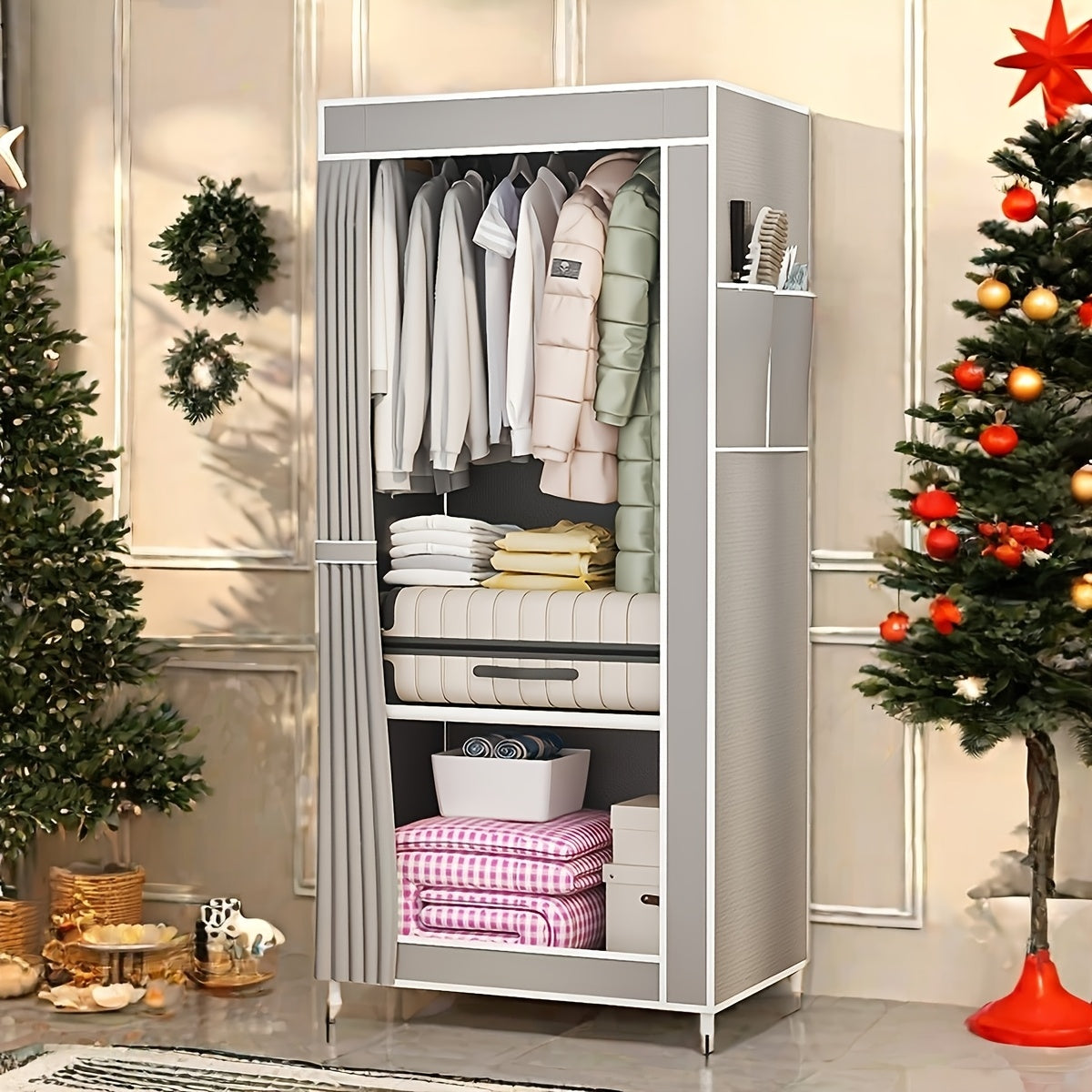 Compact metal wardrobe with over 3.2 cu. ft. capacity for easy assembly and space-saving storage in bedroom, home, or dorm.