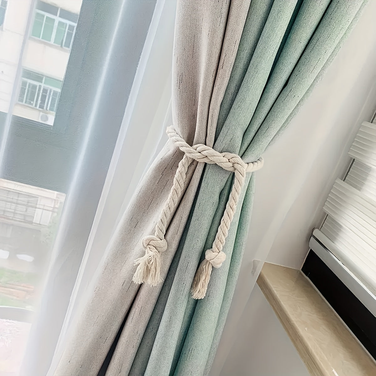 Set of 2 Modern Simple Linen Curtain Borders with 1 Pair of Tying Ropes, Ideal for Window Curtains in Living Room, Kitchen, and Bedroom