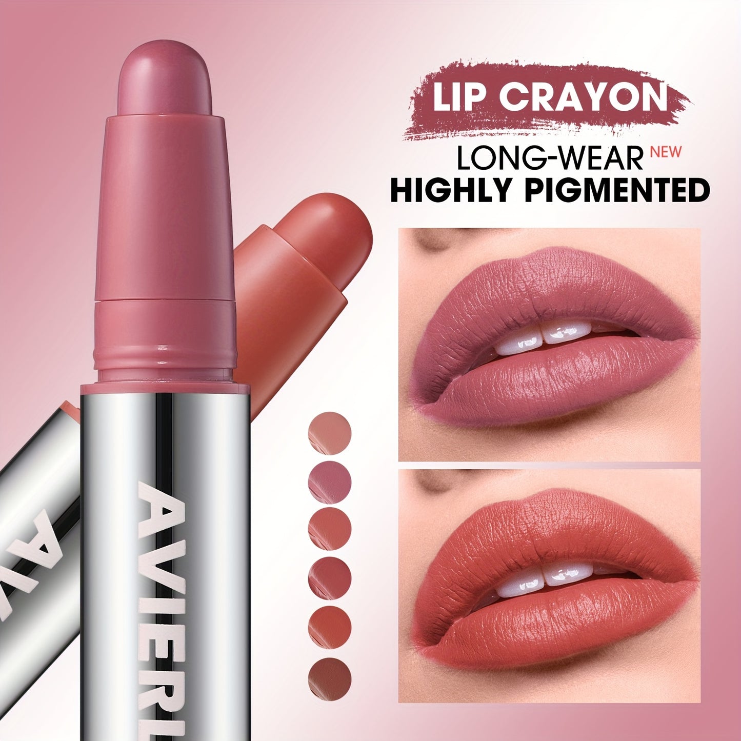 Aviérli Matte Labial Qalam Pushti, Qizil, Nudes ranglarida, uzoq muddatli, suvga chidamli, har kuni glam va bayram partiyalari uchun namlantiruvchi formula.