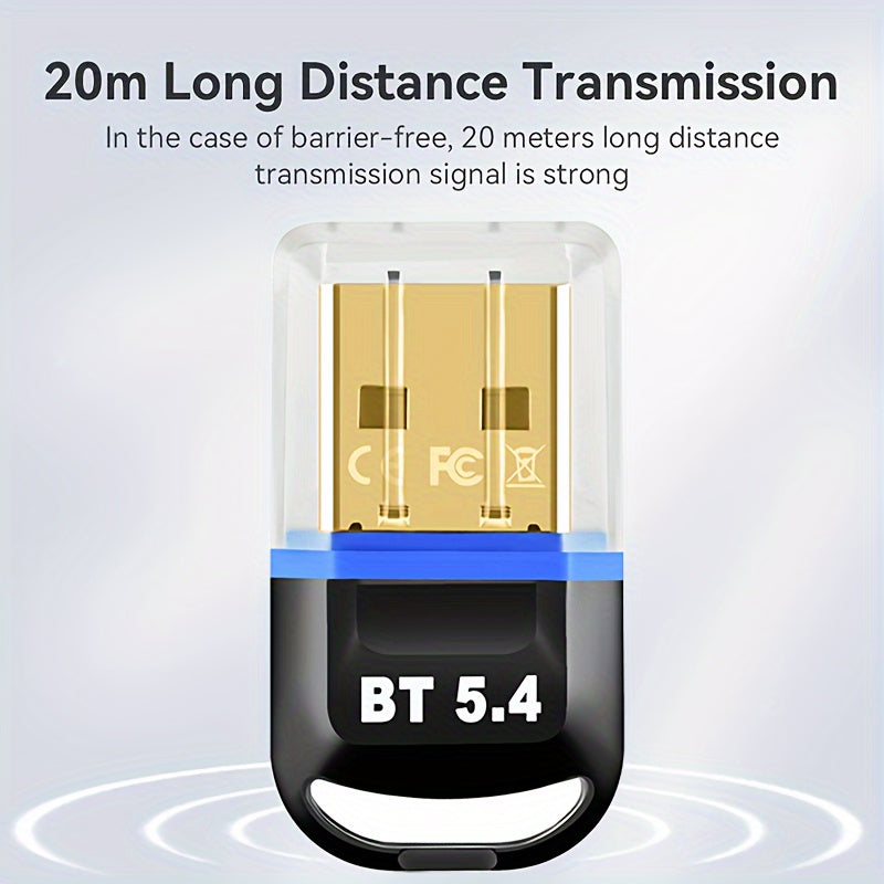 USB BT 5.4 wireless adapter for computers, headsets, keyboards, mice, and speakers. Plug and Play for Windows 11/10/8.1, backward compatible with previous versions. Instantly add Bluetooth