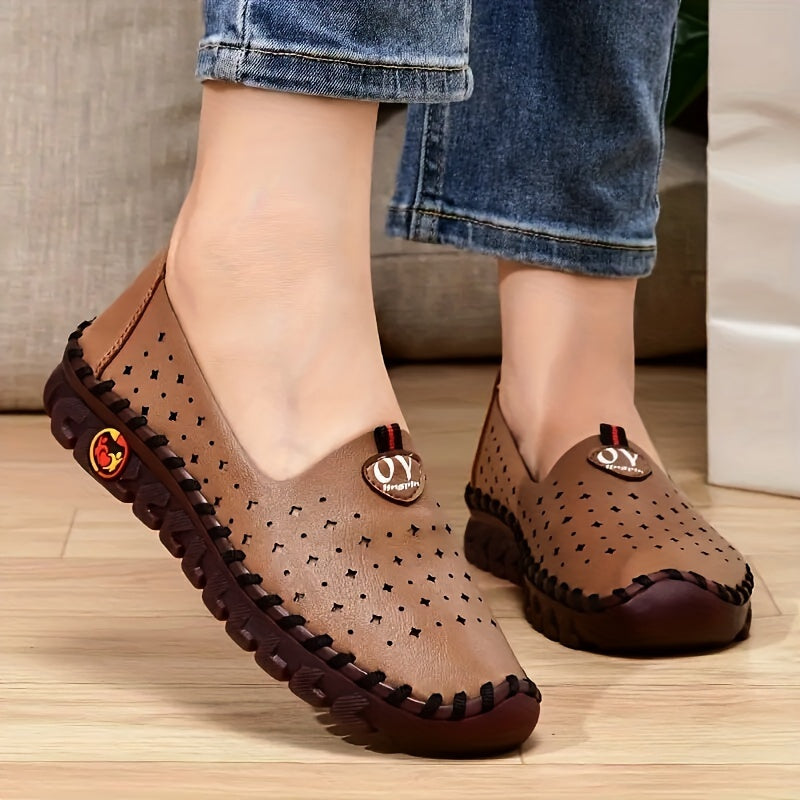 Handmade hollow out low top loafers for women, casual slip-on shoes with non-slip and breathable features.