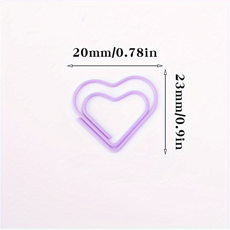 50 colorful heart-shaped paper clips for organizing documents and files.