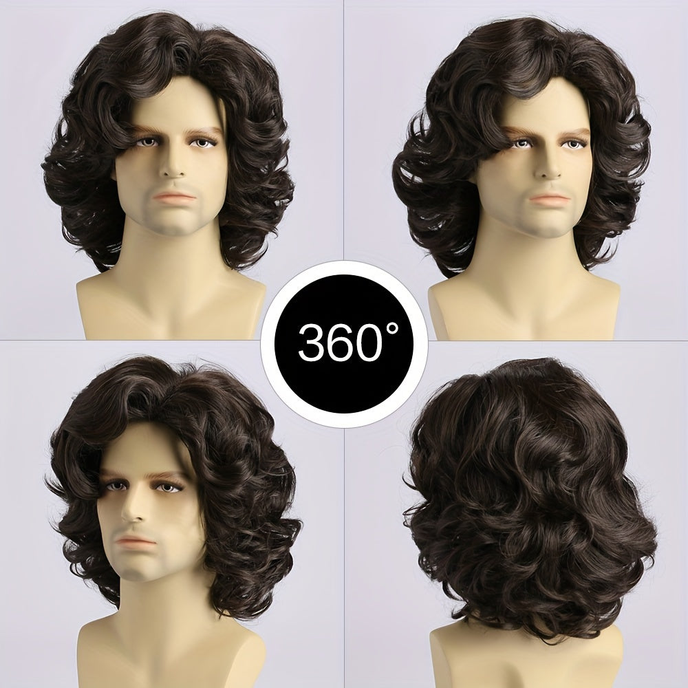 Get the perfect natural cool look with this men's fashion short curly deep brown wig! Measuring 35.56 cm in length, it is made from heat resistant synthetic fiber material and features side bangs. Suitable for daily wear, parties, Halloween costumes, and