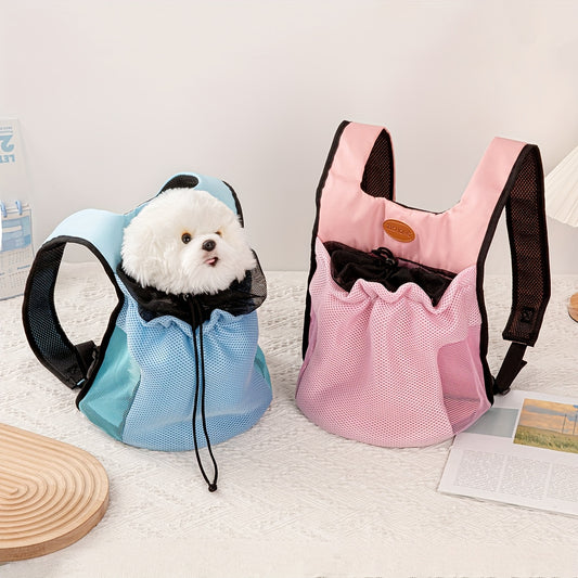 Small dog and cat backpack carrier with breathable mesh and knit fabric weaving for all-season outdoor travel. Features tether style carry method for small breed comfort.