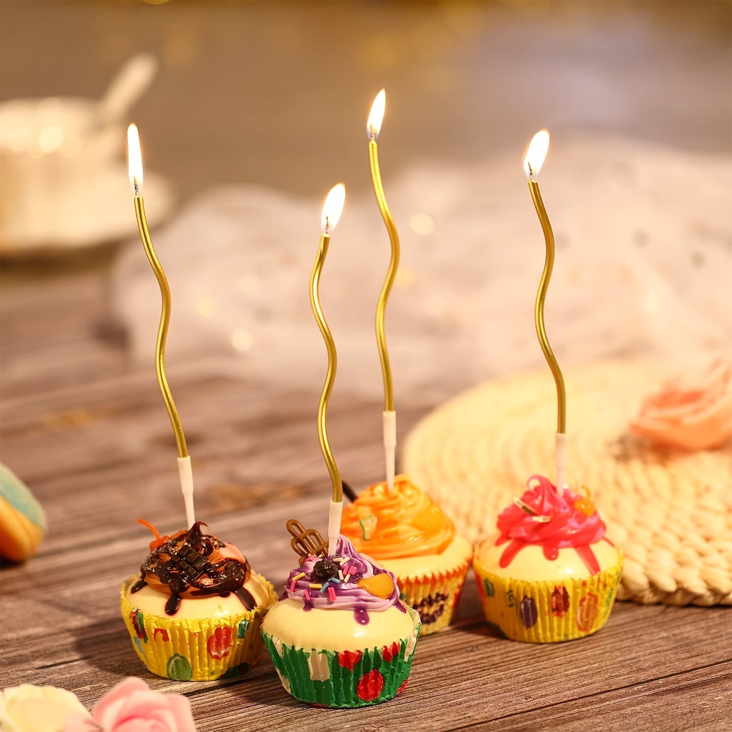 30 golden spiral cake candles with wire coil and stand for birthday, wedding, and party cakes.