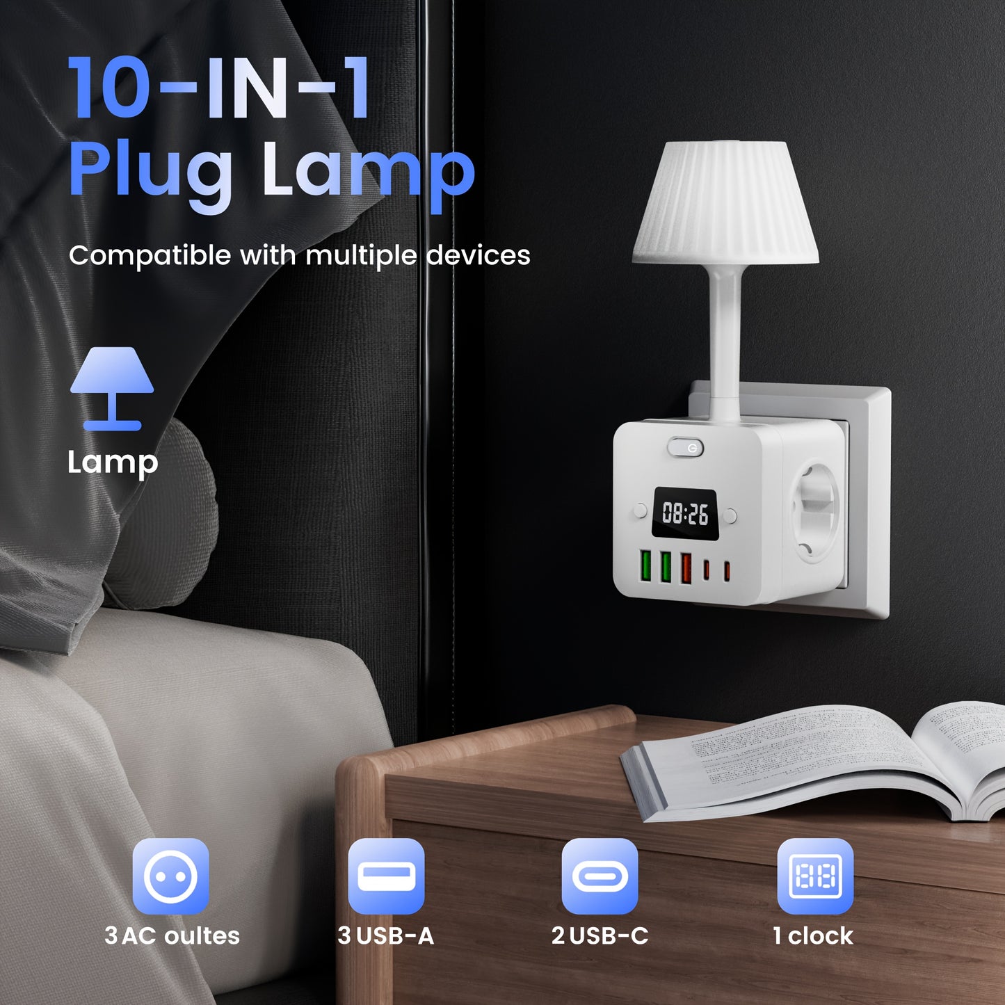 Lamp with Power Outlets and Digital Clock - 3 AC power outlets, 3 USB-A ports, 2 USB-C ports, surge protection, perfect for homes, kitchens, and bedrooms.