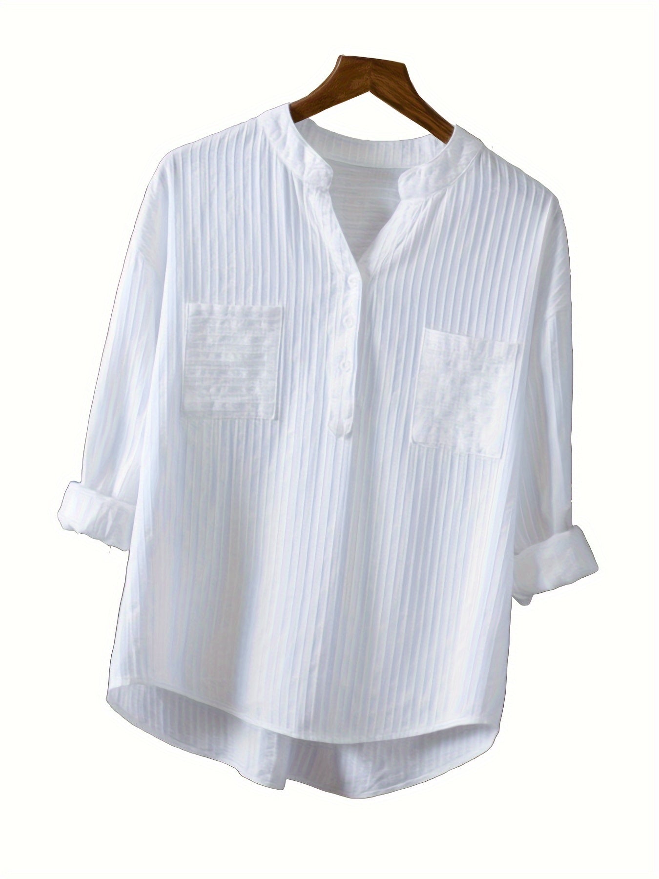 Machine washable women's white linen blend shirt with long sleeves, v-neck, and button detail.