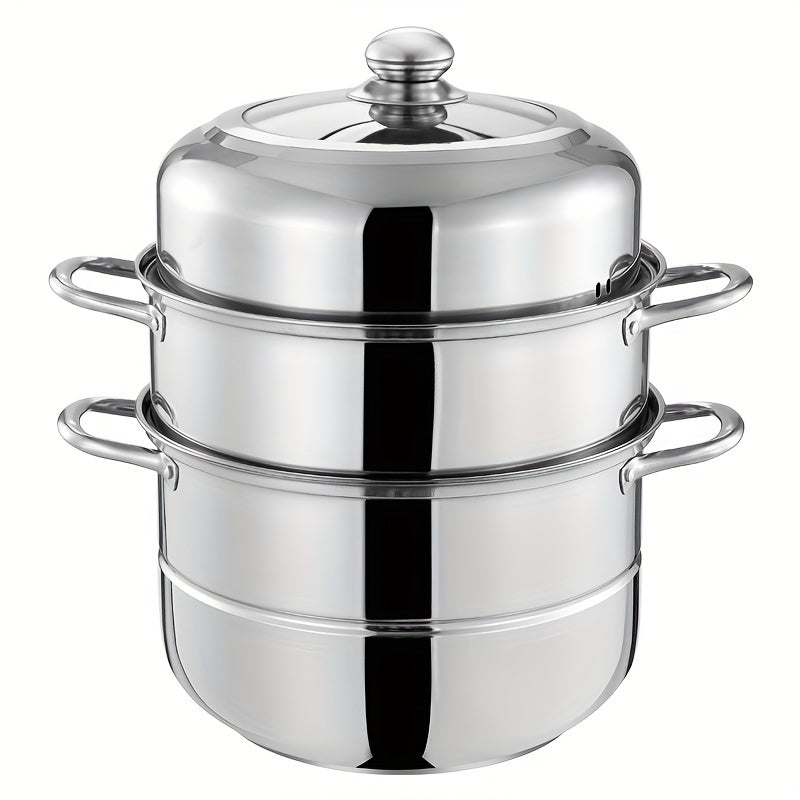 This versatile stainless steel steamer set includes a three-layer design with 1 soup pot, 1 steamer, 2 steamer plates, and 1 pot lid. With a deep capacity and multifunctional capabilities, this cooking pot can steam, boil, stew, and make soup with ease.