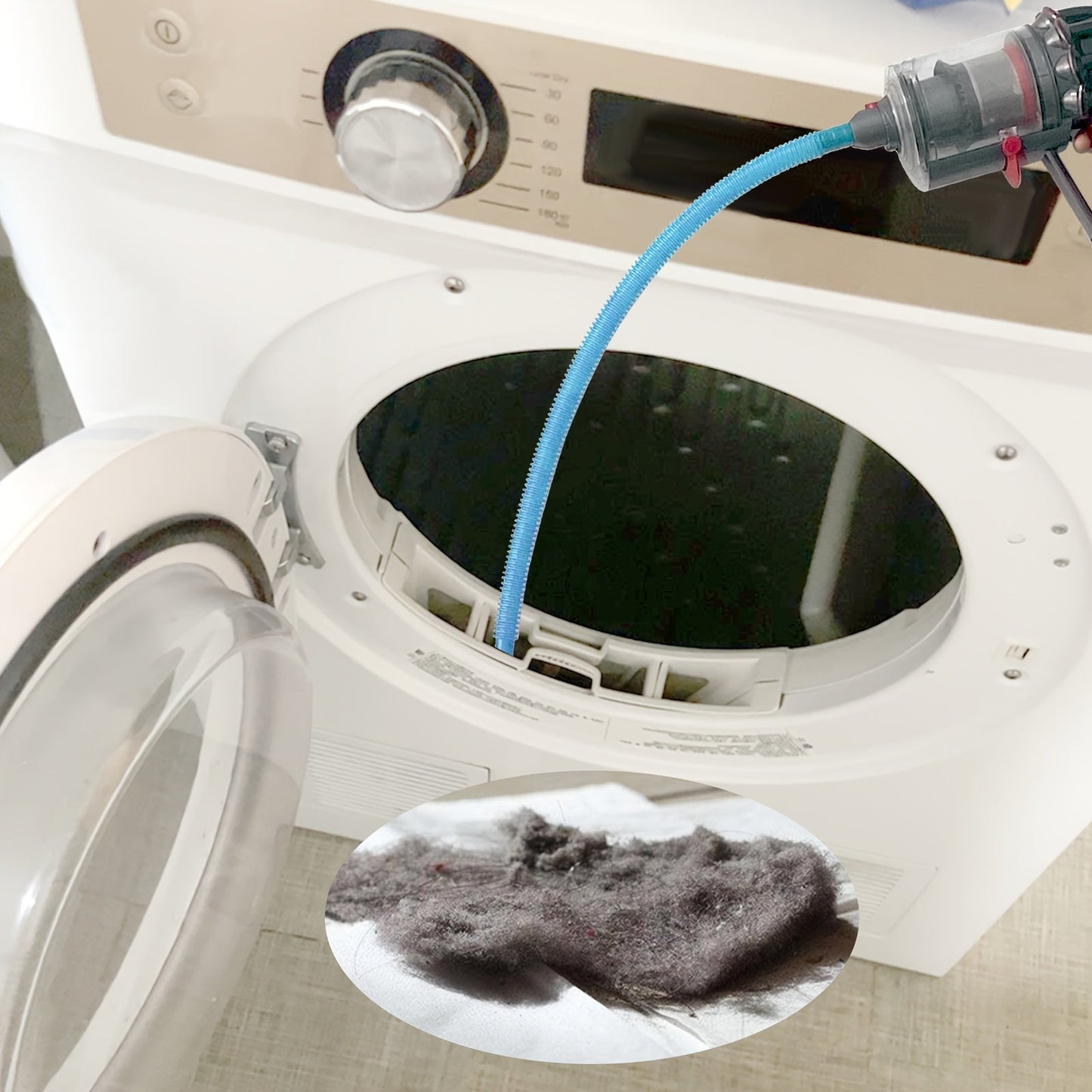 Efficiently clean dryer lint and vents with our Universal Dryer Vent Cleaning Kit. This kit includes 2 pieces made of PET & ABS material, compatible with various dryer models including V15, V12, V11, V10, V8, V7, and V6. The kit also comes with a vacuum