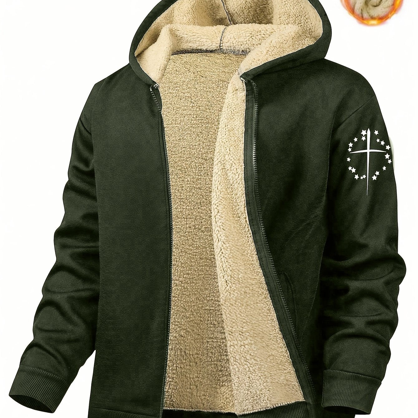 Men's casual print hooded jacket made from polyester knit fabric with slight stretch. Regular fit zip-up top with pockets, suitable for weekend and mature occasions. Ideal for fall/winter