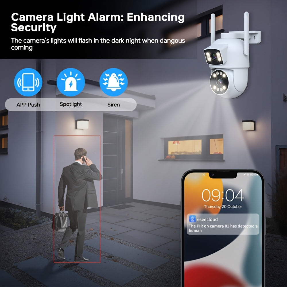 Introducing the ZHXINSD 4MP Dual Lens Wireless Security Camera, featuring 2K 1920p HD resolution, 360° Pan-Tilt Auto Tracking, AI Human Detection, Full Color Night Vision, Two-Way Audio, 2.4G/5G WiFi connectivity, Smartphone App Control, USB Powered