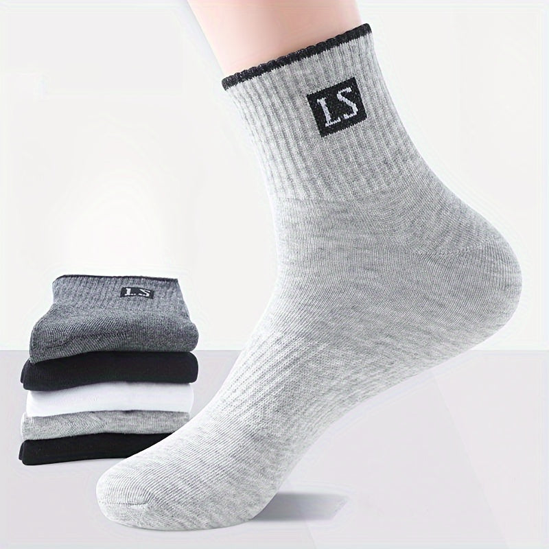 5 pairs of men's crew socks with alphabet pattern, made of knit polyester and spandex blend, breathable and soft, suitable for sports and casual wear, machine washable.