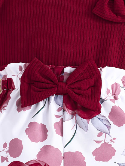 Cute girls' summer outfit: Maroon ribbed T-shirt with bow and floral print shorts set - Made with easy-care polyester blend, machine washable, ideal for outdoor wear.