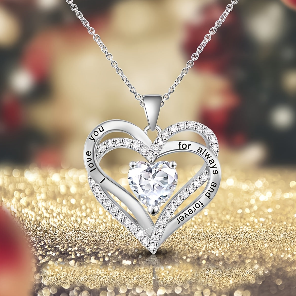 Stunning Double Heart Pendant Necklace in an Exquisite Red Apple Gift Box, Crafted with Silver Plated Copper and Synthetic Zirconia, a Versatile Piece of Jewelry Perfect for Any Occasion. Great for Gifting during Christmas, Valentine's Day, Mother's Day