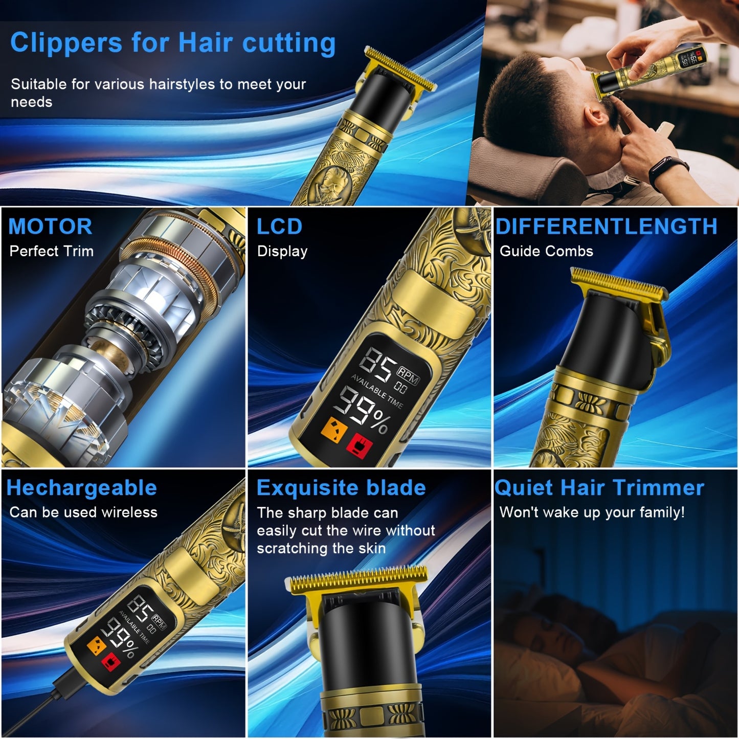 ZQIN Men's Grooming Kit: Rechargeable Hair Clipper with LED Display, 6 Combs, Lithium Battery.