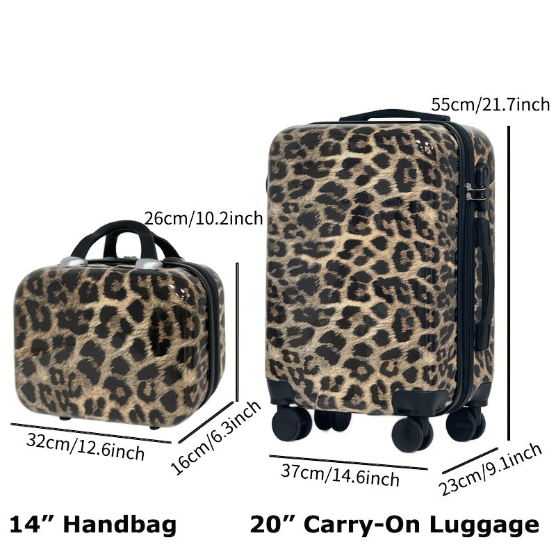 2-piece chic leopard print luggage set: 50.8cm hard-shell carry-on & 35.56cm cosmetic case. Made of durable ABS+PC material with TSA-approved combination lock and spinner wheels. Stylish