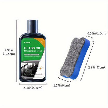 - Windshield cleaning and oil film removal solution with glass cleaning tool and water stain remover for car windows and mirrors (1 bottle of 120ml and 1 sponge)