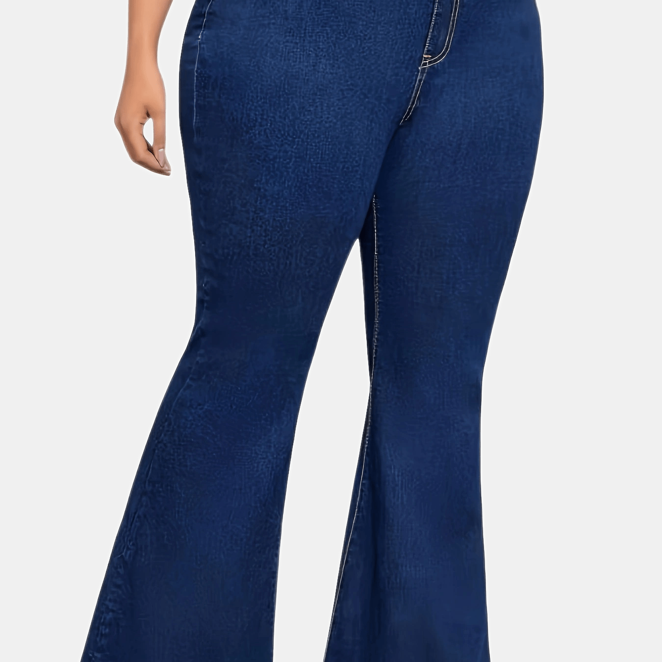 Women's plus size blue flare jeans made of stretch denim with a classic button closure, perfect for casual wear.