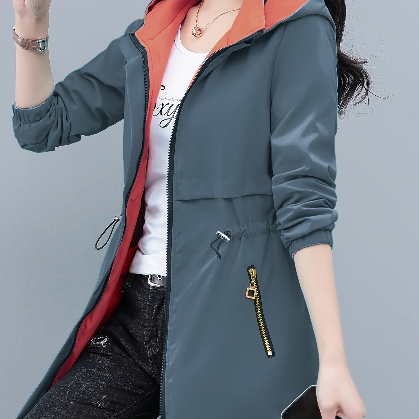 Spring and fall jacket for women: Long sleeve windbreaker with drawstring waist and zip-up hoodie.