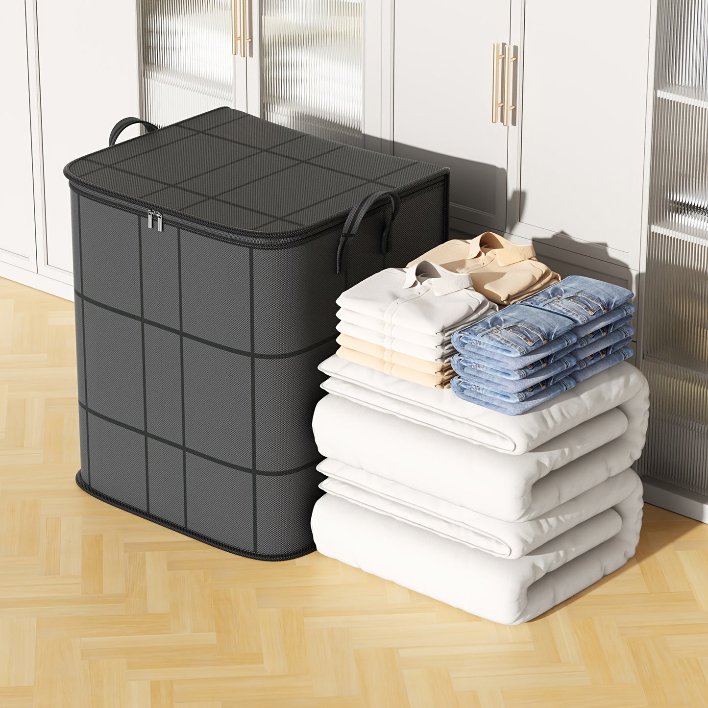 Large foldable storage bag made of durable non-woven fabric with handles, ideal for organizing clothes, blankets, toys, and travel items in black.