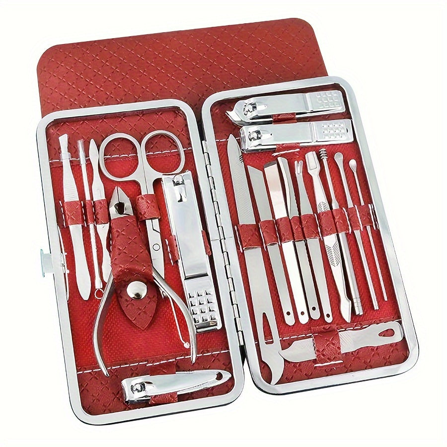 Professional 19-piece stainless steel nail care set for manicures and pedicures, includes cuticle nippers, clippers, files, and grooming tools. Ideal for precision trimming and shaping