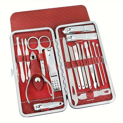 Professional 19-piece stainless steel nail care set for manicures and pedicures, includes cuticle nippers, clippers, files, and grooming tools. Ideal for precision trimming and shaping