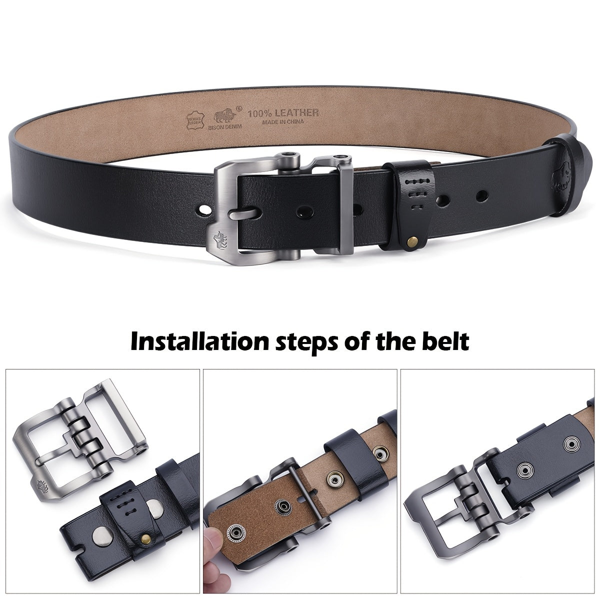 BISON DENIM Men's Genuine Leather Belt with Vintage Pin Buckle - Casual Style for Jeans & Pants - Ideal Gift for Men