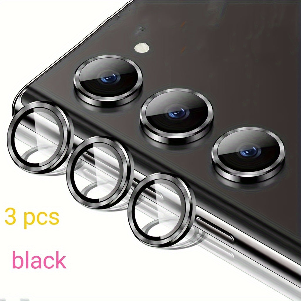 Set of 3 camera metal rings and tempered glass lens protectors for various Samsung Galaxy models.