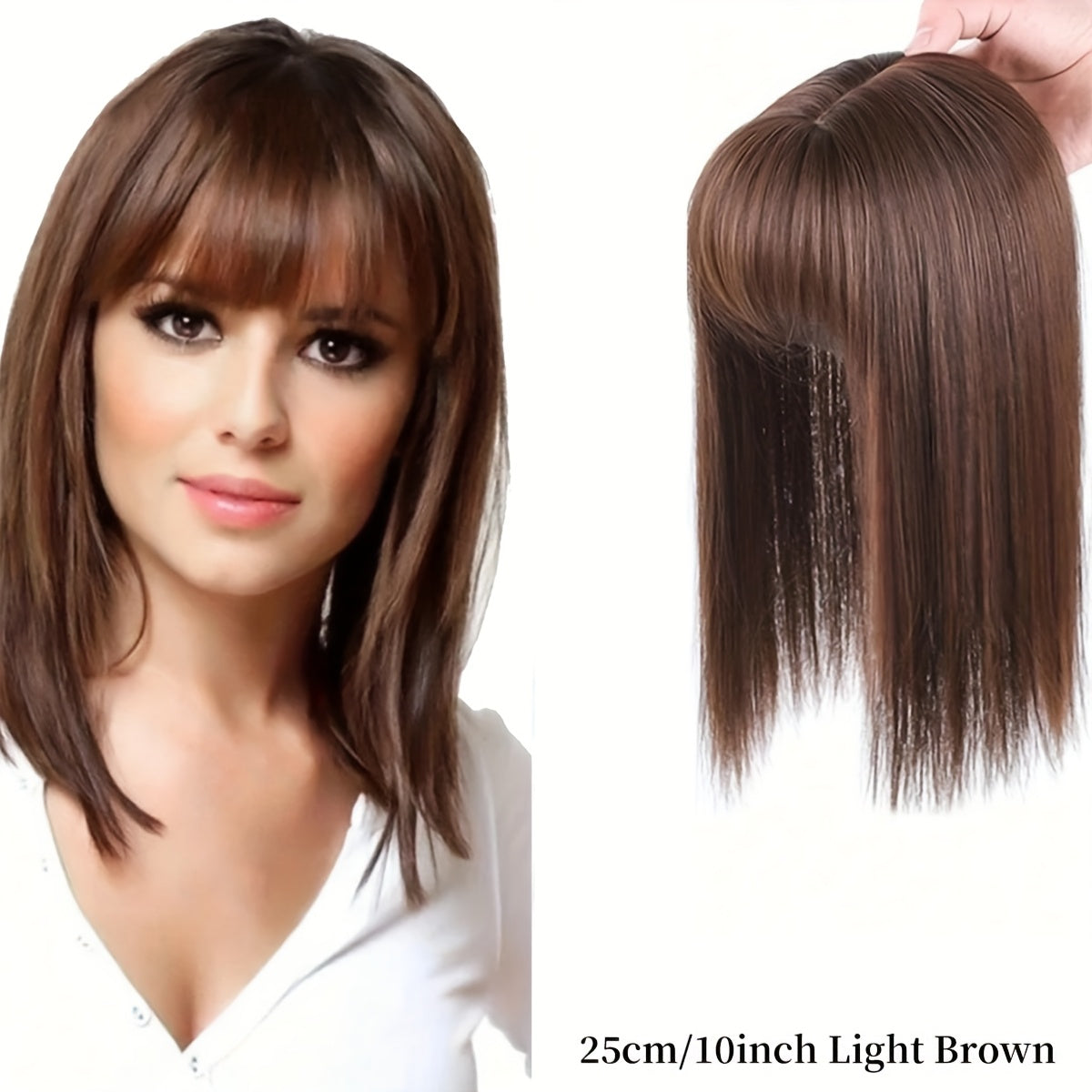 Straight synthetic hair pieces for women that seamlessly clip in to provide a natural-looking bang, with an invisible white cover and hair clips.