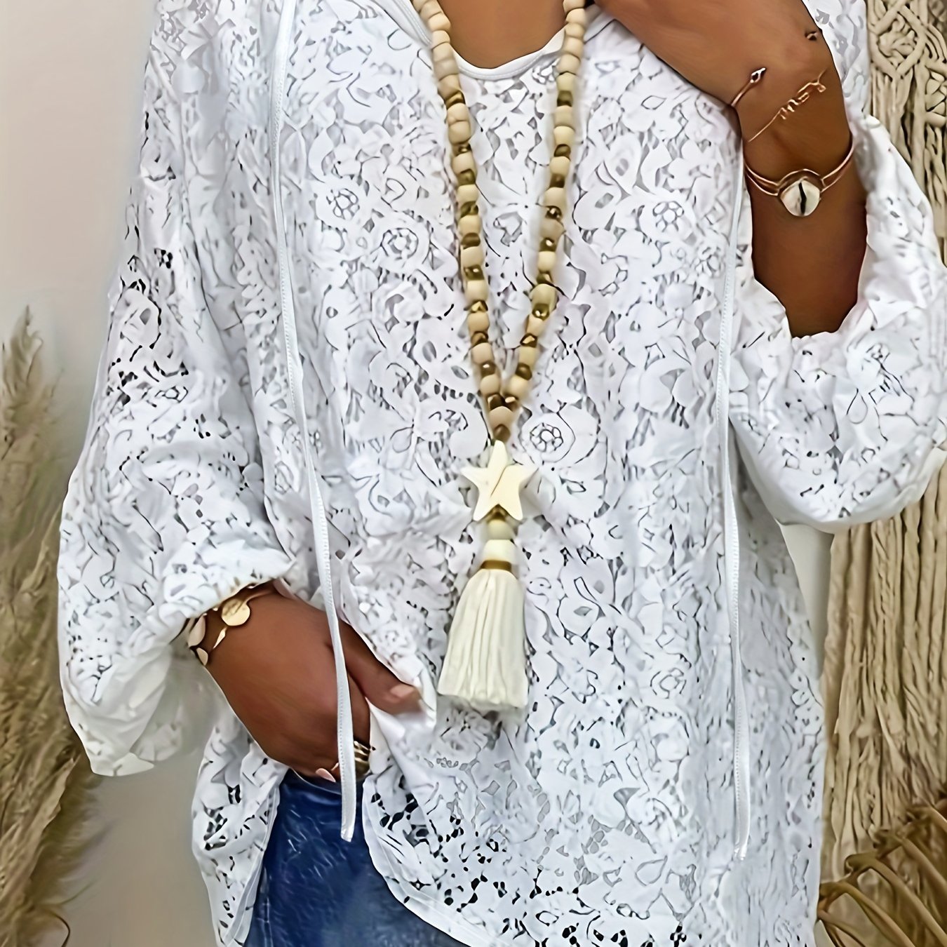 Elegant plus size white lace V-neck top with long sleeves, loose fit knit for autumn.