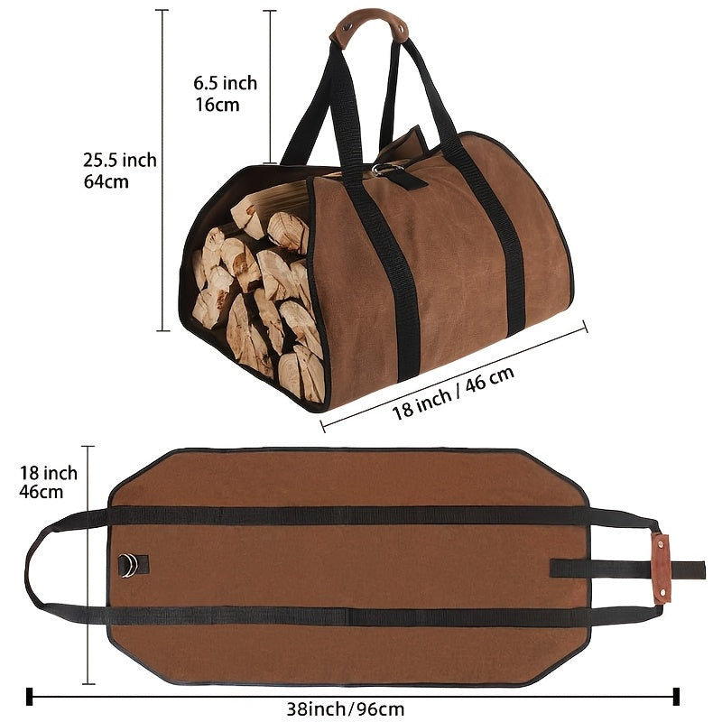 Set of three PVC Firewood Storage Bags, featuring durable construction with handles, securing straps, and reinforced base - perfect for storing firewood, carrying logs, indoor camping trips, and as holiday gifts