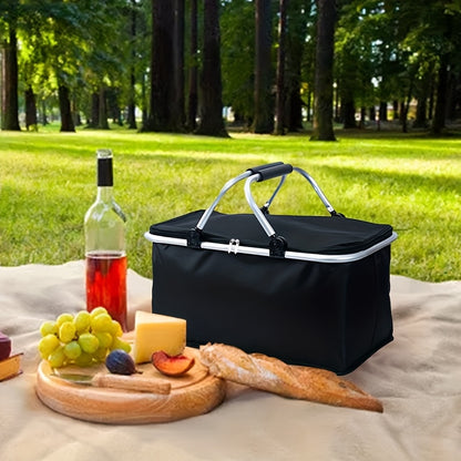 Foldable insulated picnic bag with handle for outdoor travel, in black nylon.