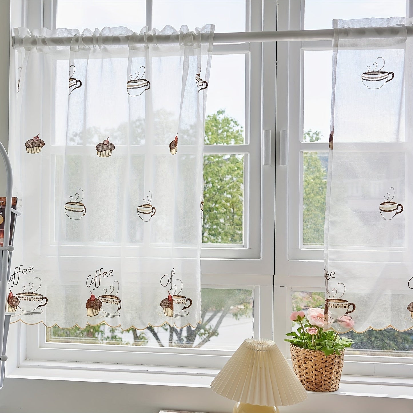 Elegant White Cafe Curtain with Delicate Embroidery - Sheer Fabric, Easy to Hang Rod Pocket for Stylish Kitchen and Living Room Decoration