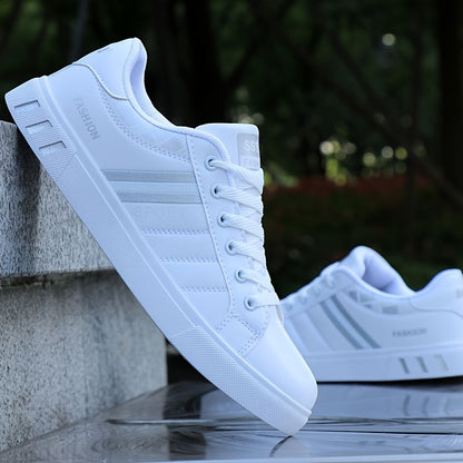 Men's fashion skate shoes with striped canvas design, PU upper, fabric lining, rubber sole, EVA insole, low top lace-up style, and round toe.