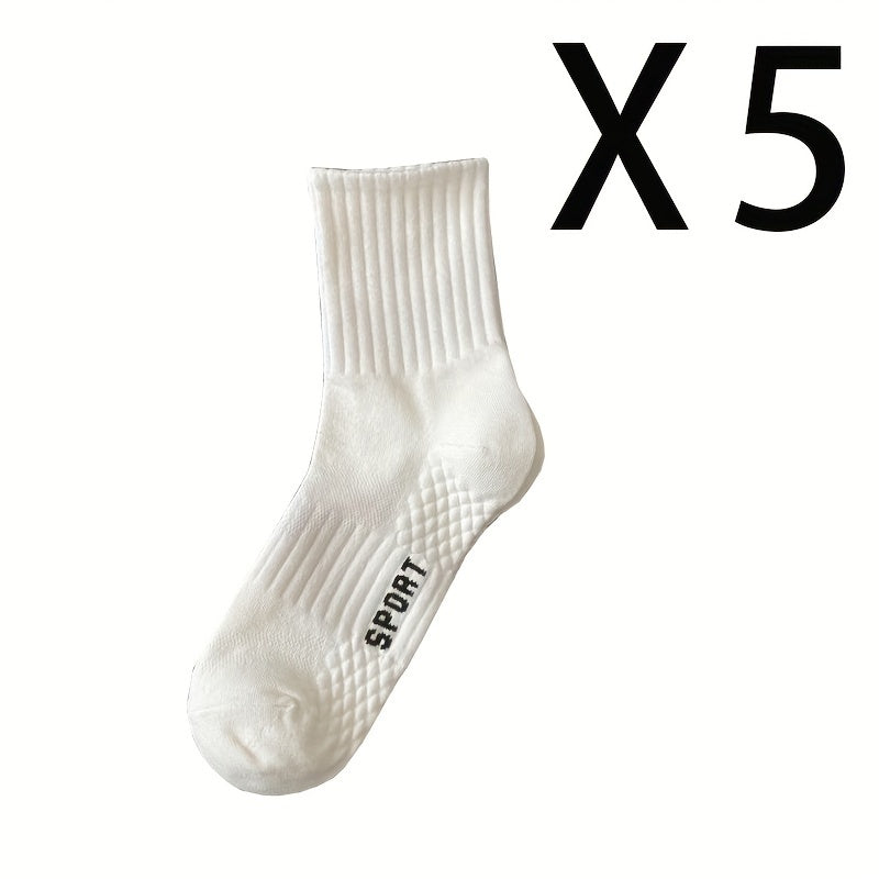 5 pairs of men's cotton blended mid-length sports socks, suitable for outdoor activities, home use, and fitness enthusiasts, size USA 6-9