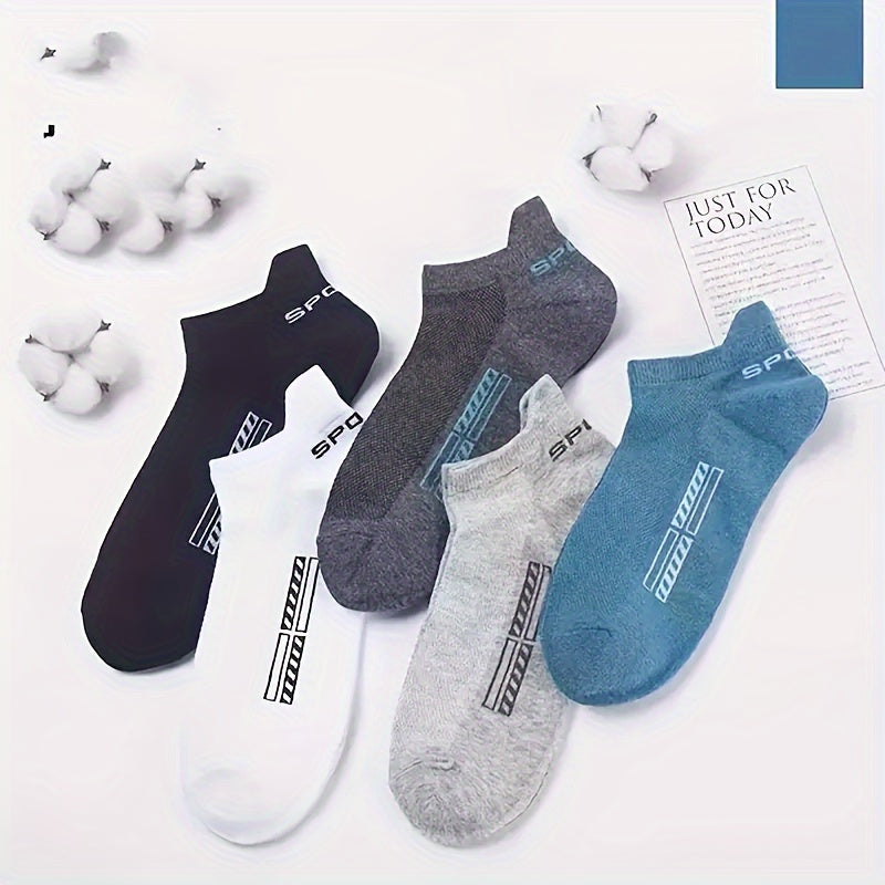 5 pairs of unisex alphabet pattern athletic ankle socks made of breathable mesh knit fabric, 100% polyester for men and women